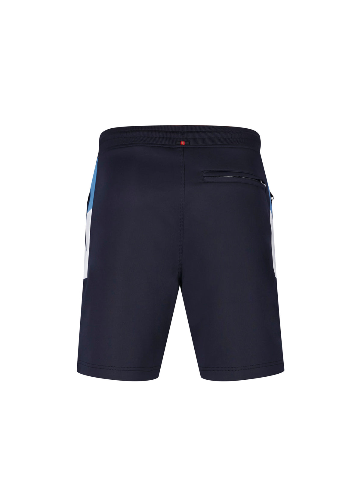 Men's navy shorts with drawstring waistband, back view