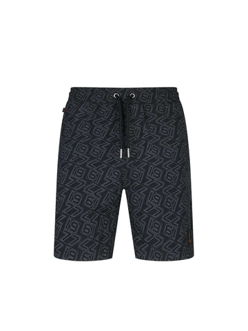 Men's black swim shorts with drawstring waistband, front view