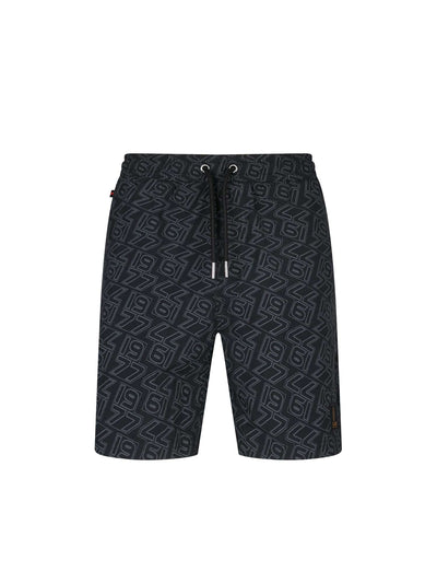 Men's black swim shorts with drawstring waistband, front view