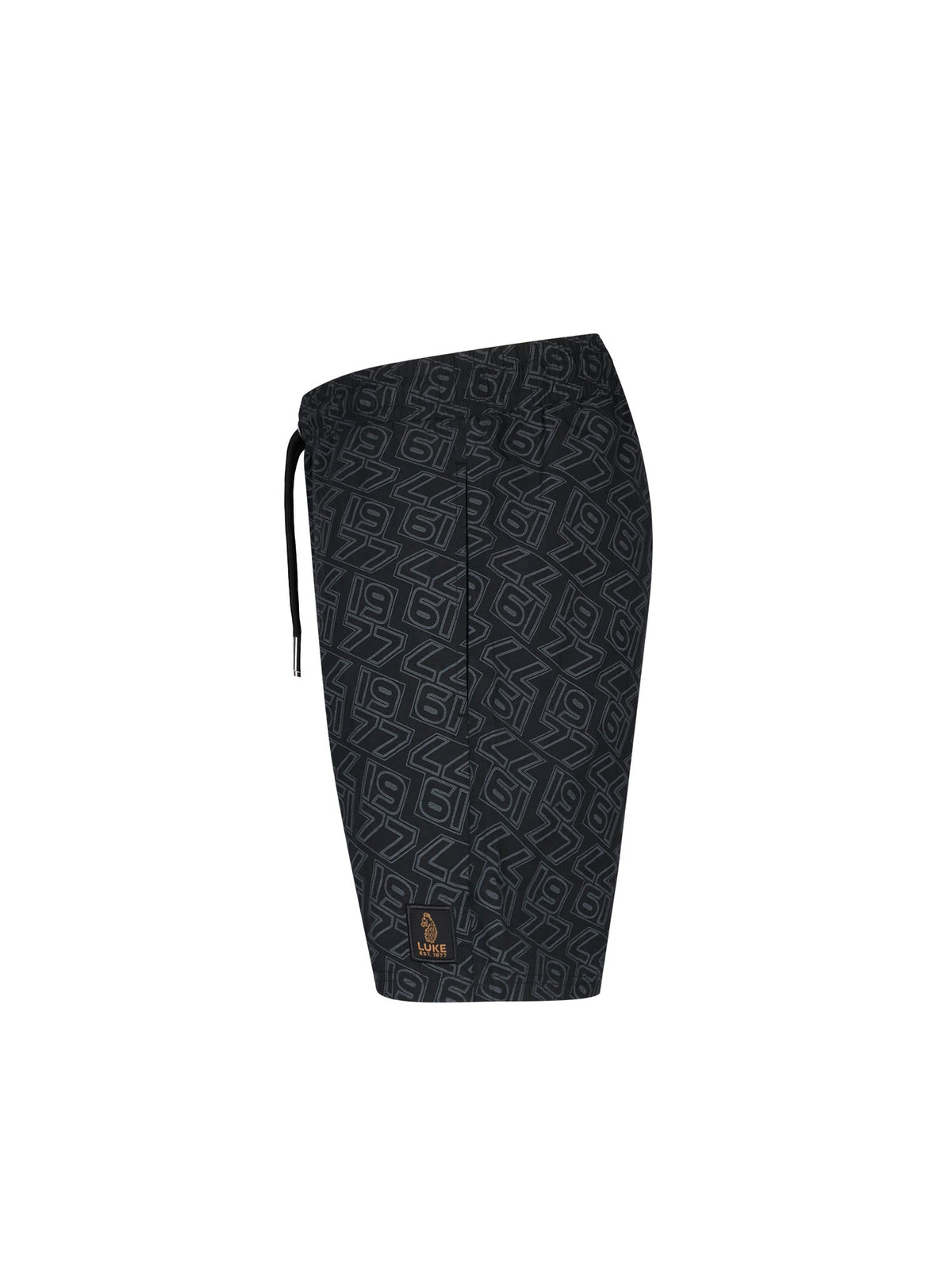 Men's black swim shorts with drawstring waistband, side view