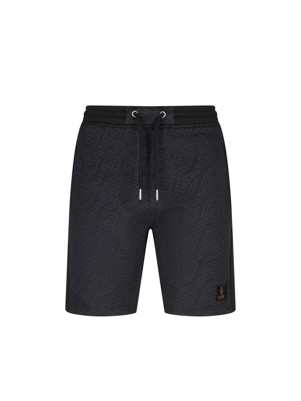 Men's black shorts with drawstring waistband, front view
