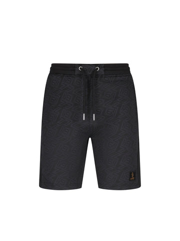 Men's black shorts with drawstring waistband, front view