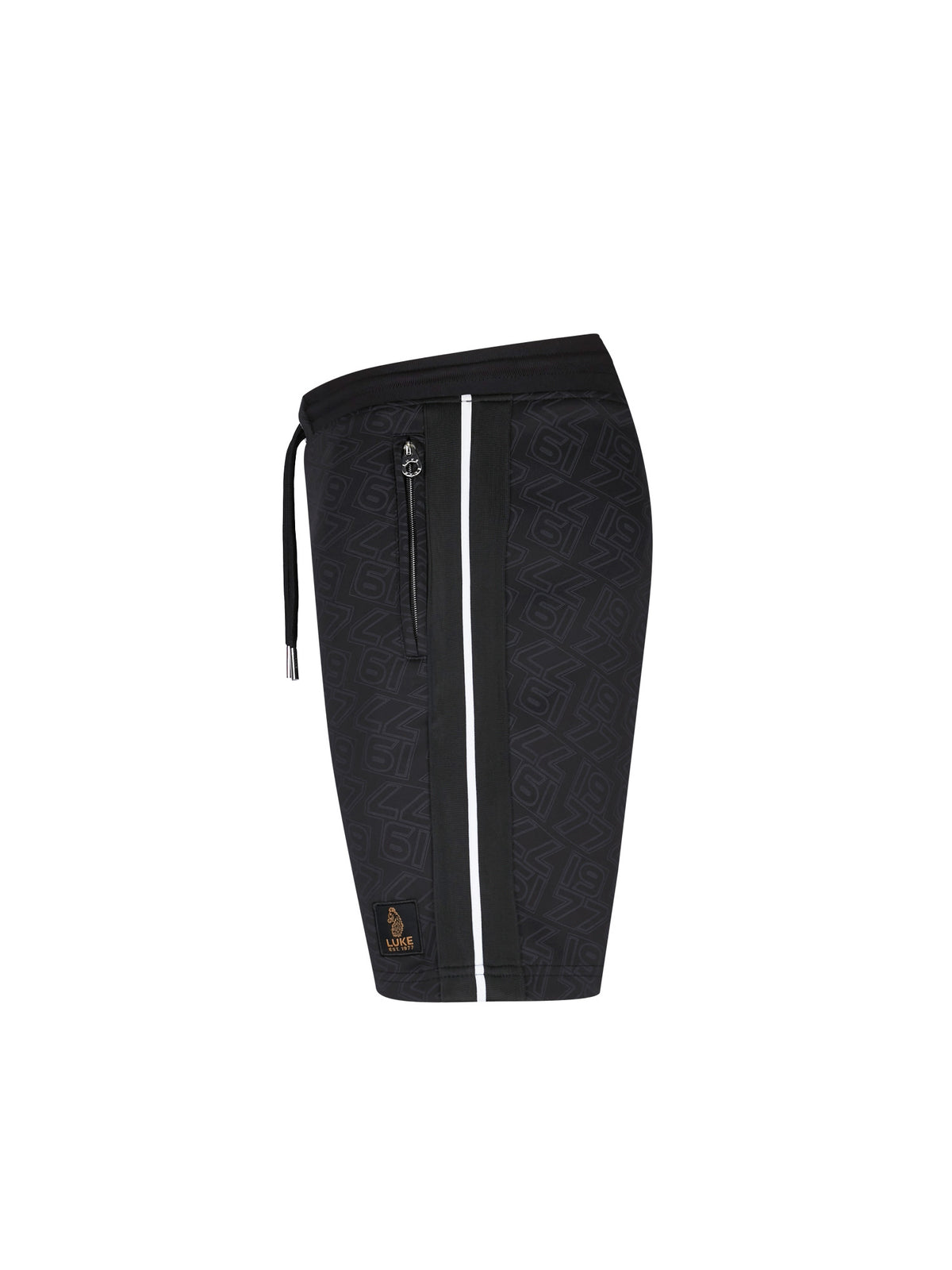 Men's black shorts with drawstring waistband, side view
