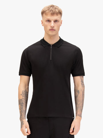 Men's black polo shirt with polo collar, front view