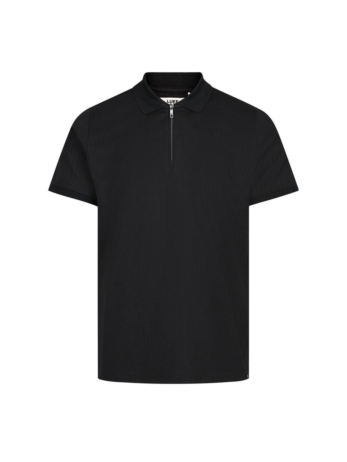 Men's black polo shirt with polo collar, front view