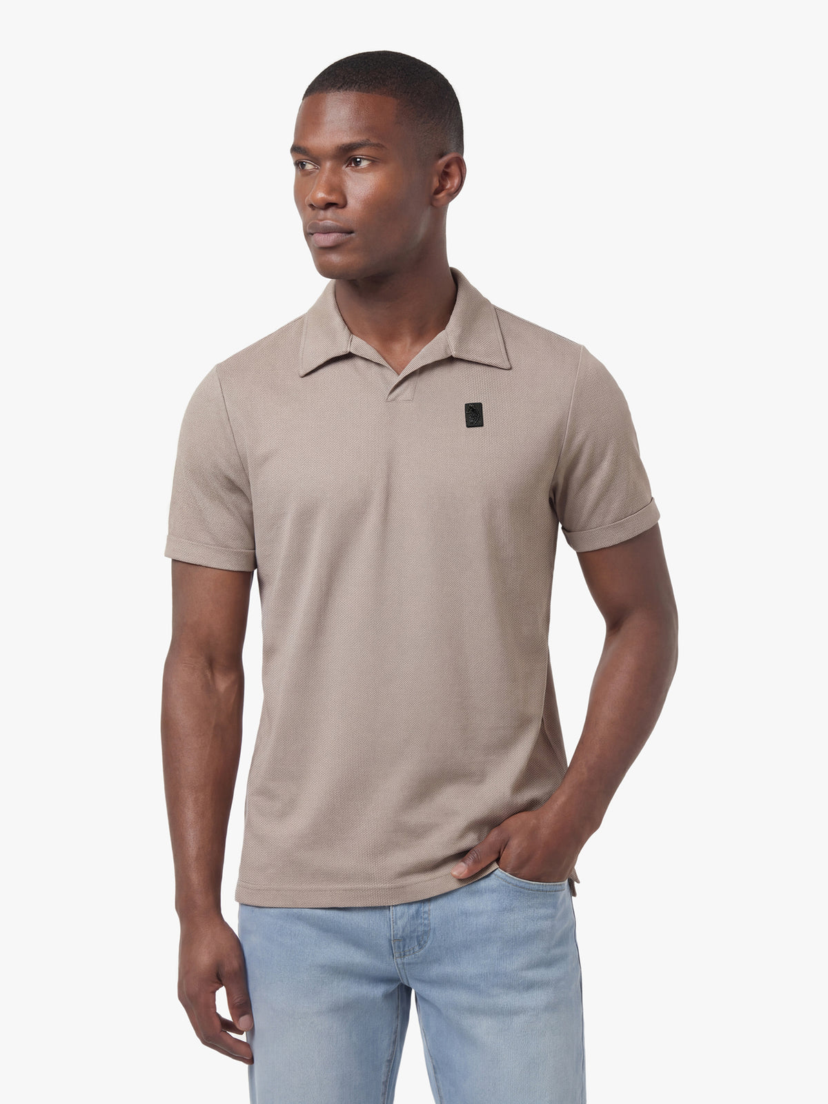 Men's brown polo shirt with polo collar, back view