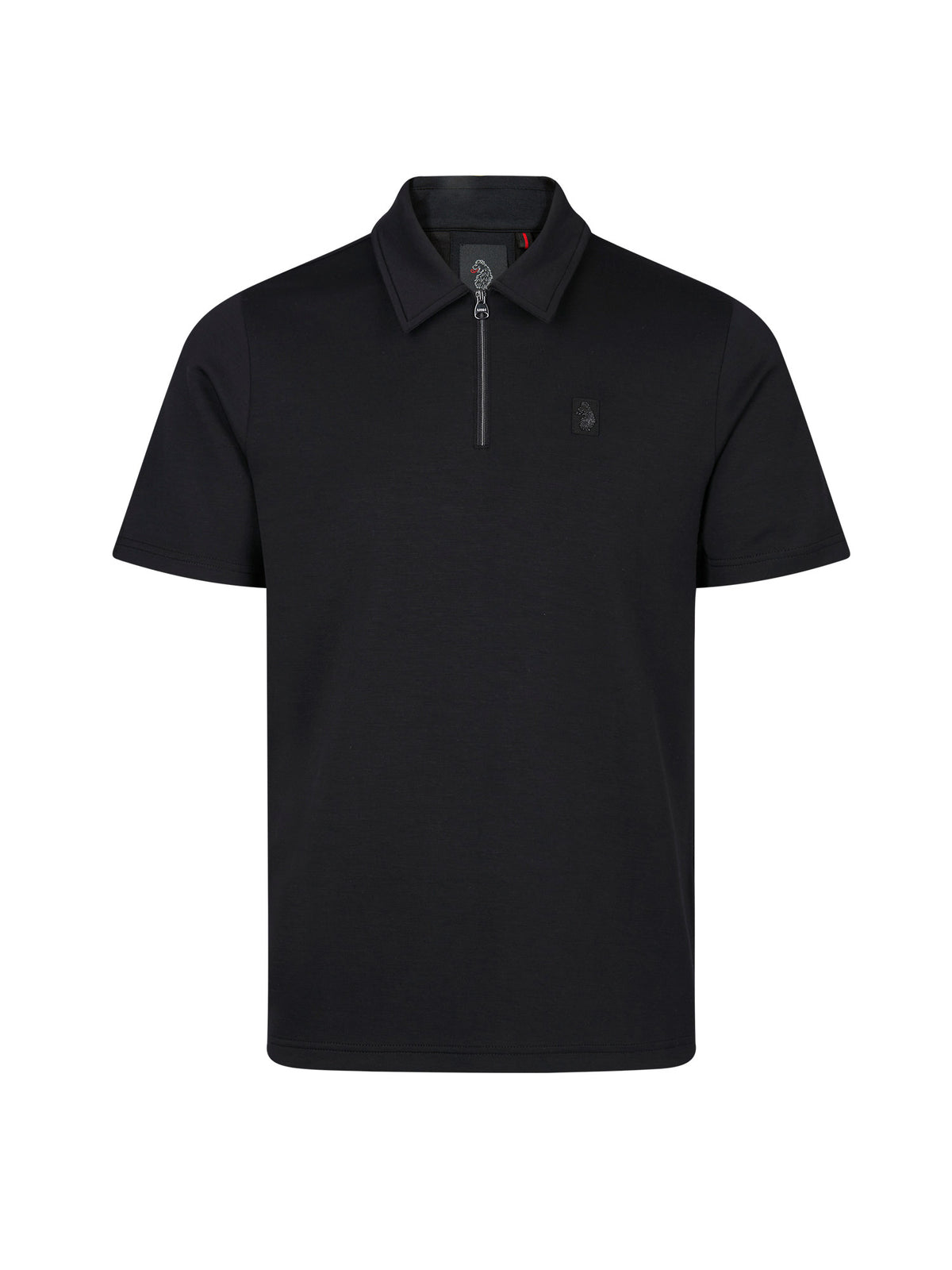 Men's black polo shirt with polo collar, front view
