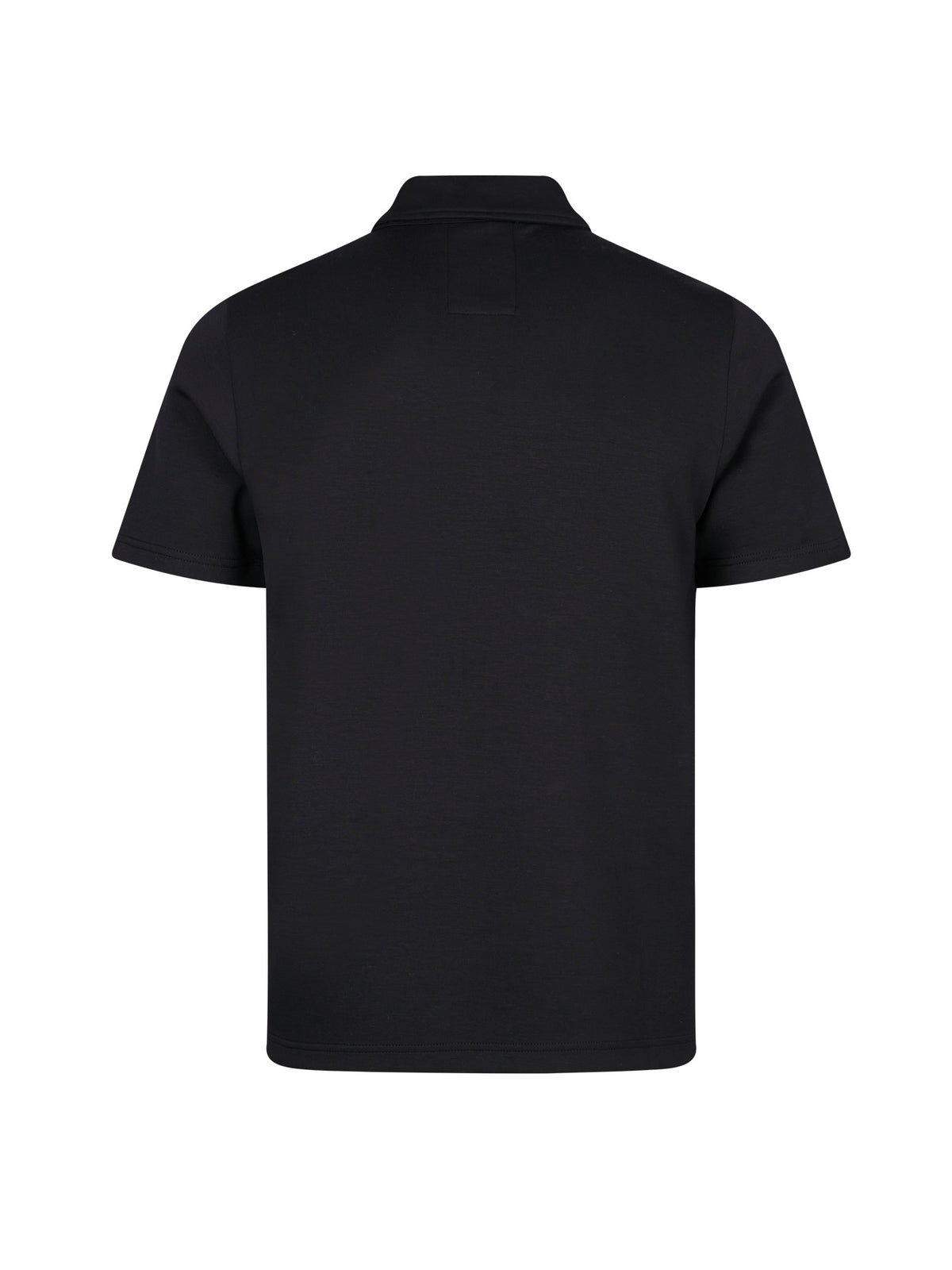 Men's black polo shirt with polo collar, back view