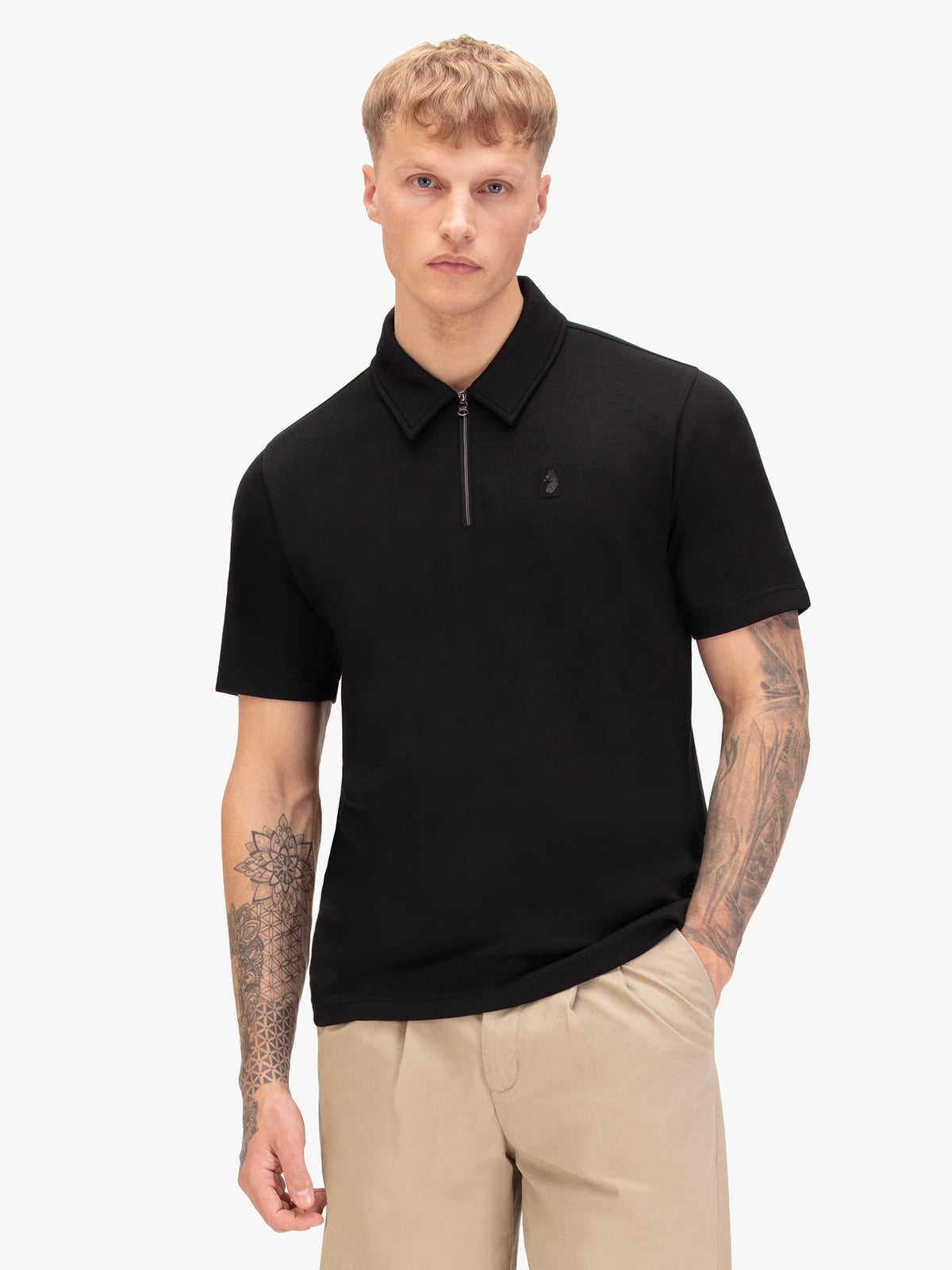 Men's black polo shirt with polo collar.