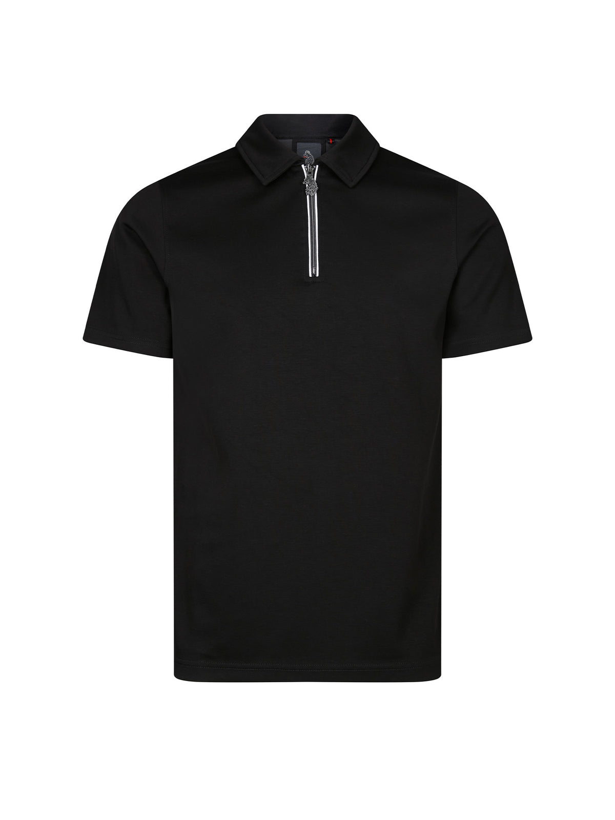 Men's black polo shirt with polo collar, front view