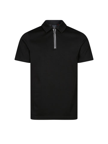 Men's black polo shirt with polo collar, front view