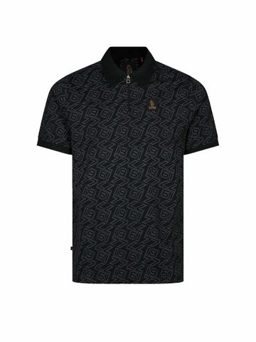 Men's black polo shirt with polo collar, front view
