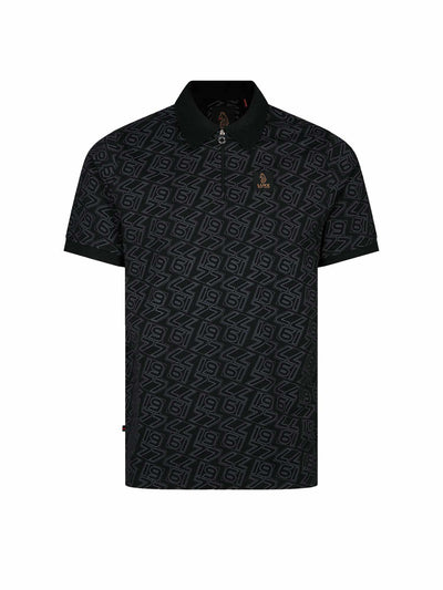 Men's black polo shirt with polo collar, front view