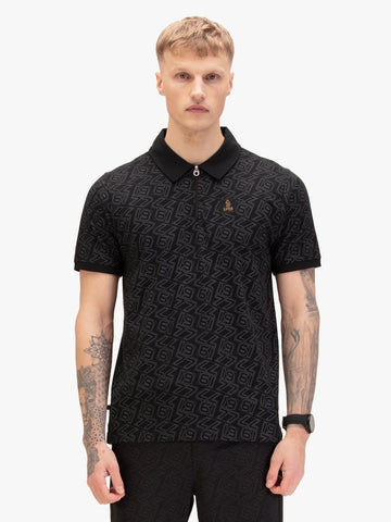 Men's black polo shirt with polo collar, worn by a model, front view