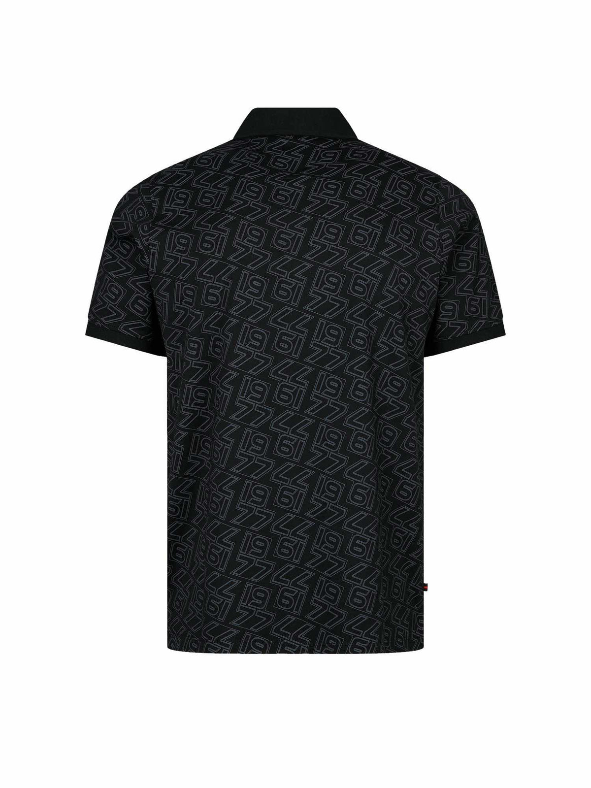 Men's black polo shirt with polo collar, back view