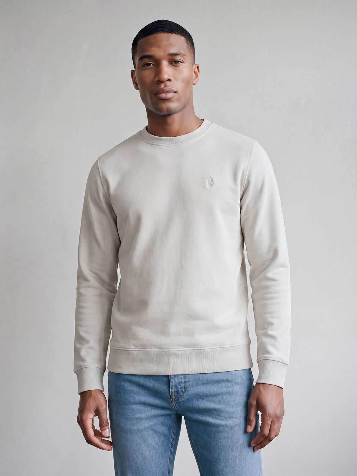 Man wearing stone LUKE 1977 Leo lux touch sweatshirt with jeans, front view