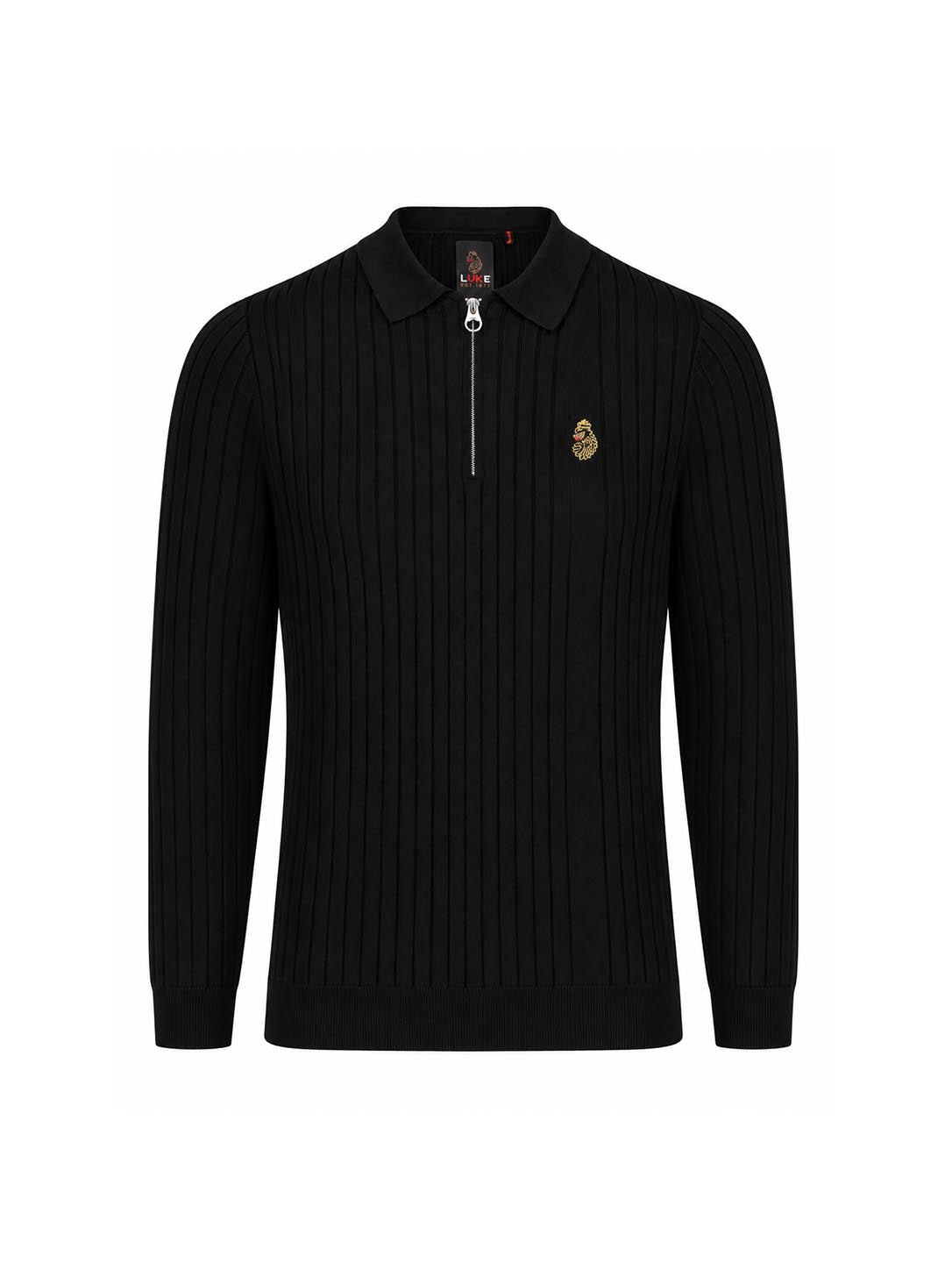 Rib Eye Long Sleeve Knitted Polo Shirt - Black