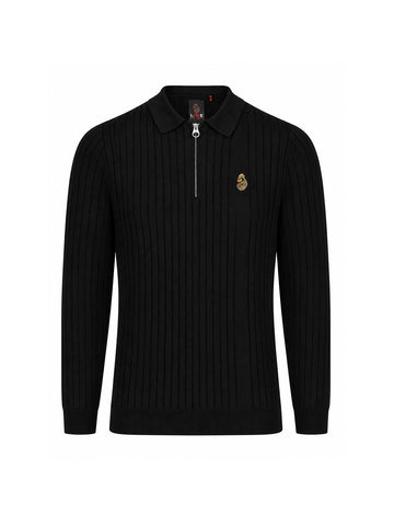 Rib Eye Long Sleeve Knitted Polo Shirt - Black