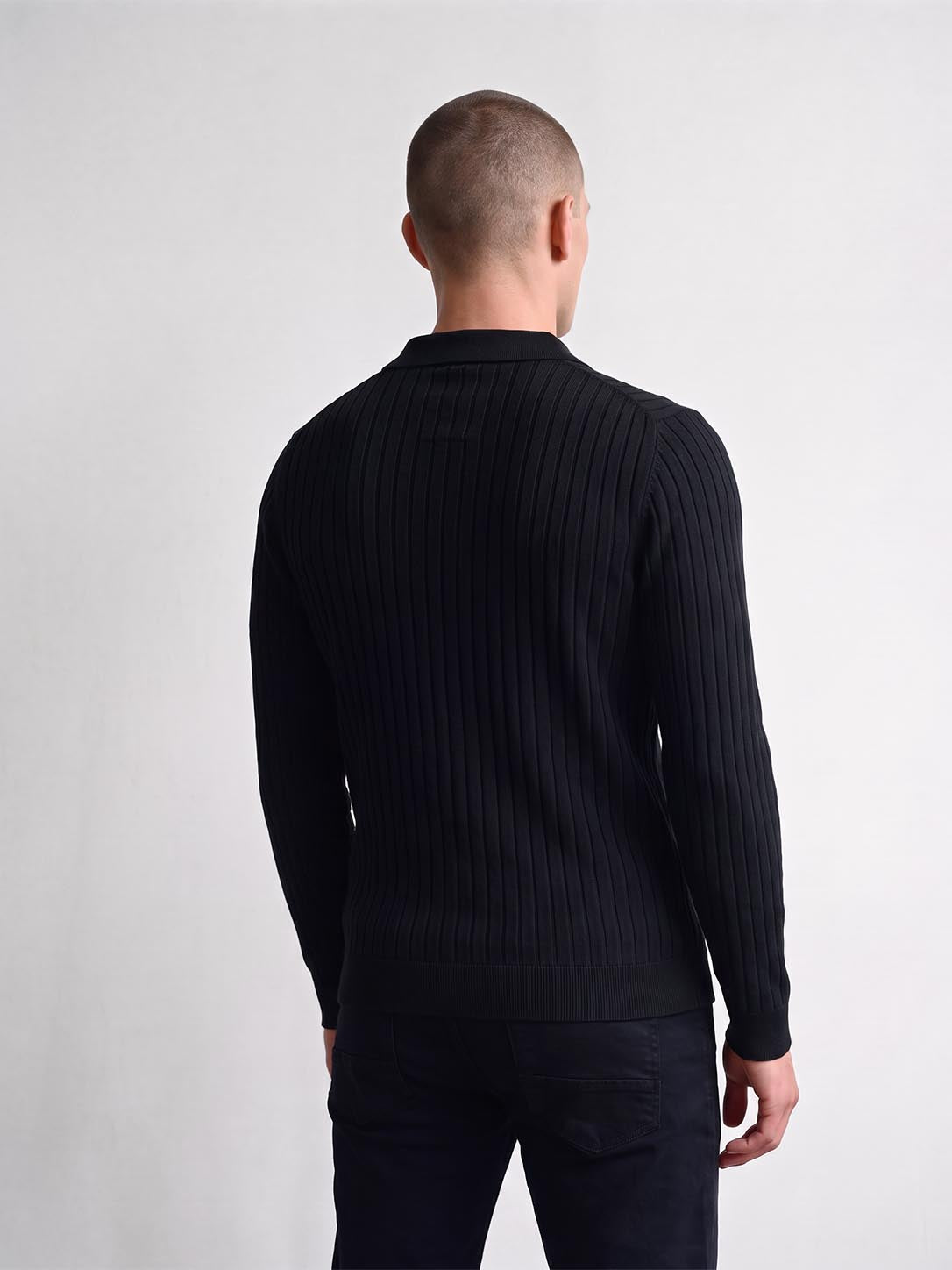 Rib Eye Long Sleeve Knitted Polo Shirt - Black