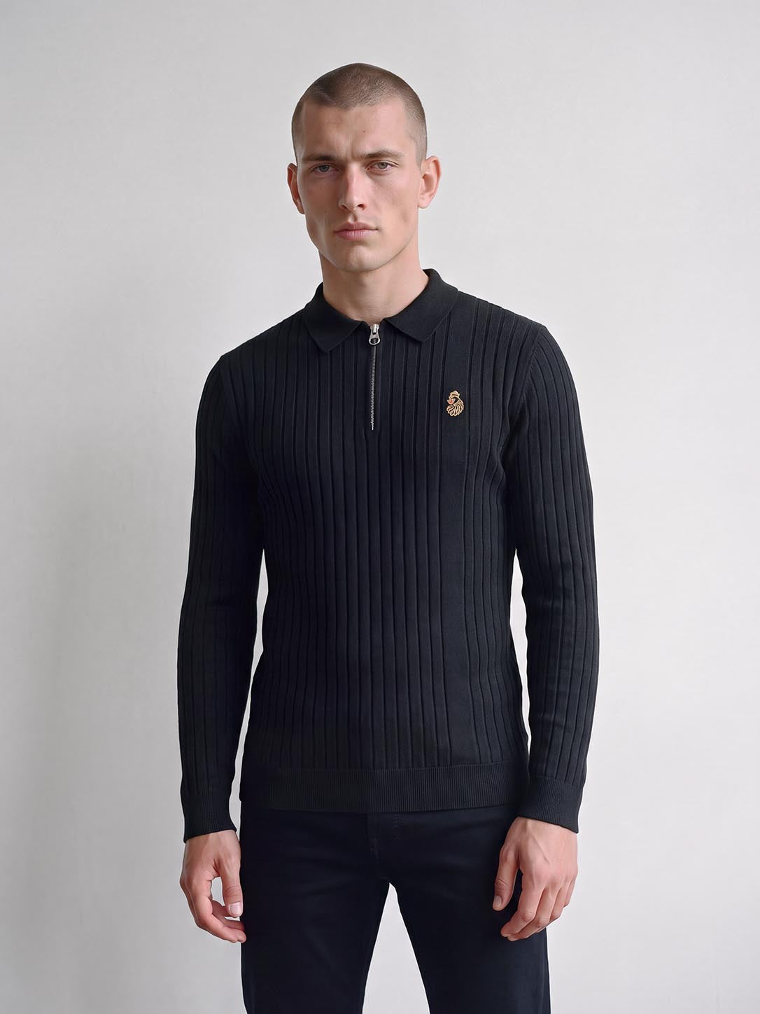 Rib Eye Long Sleeve Knitted Polo Shirt - Black
