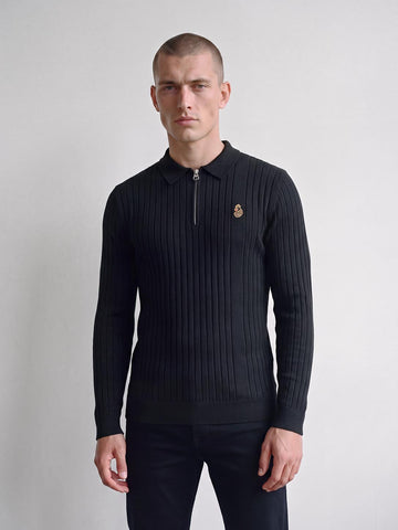Rib Eye Long Sleeve Knitted Polo Shirt - Black