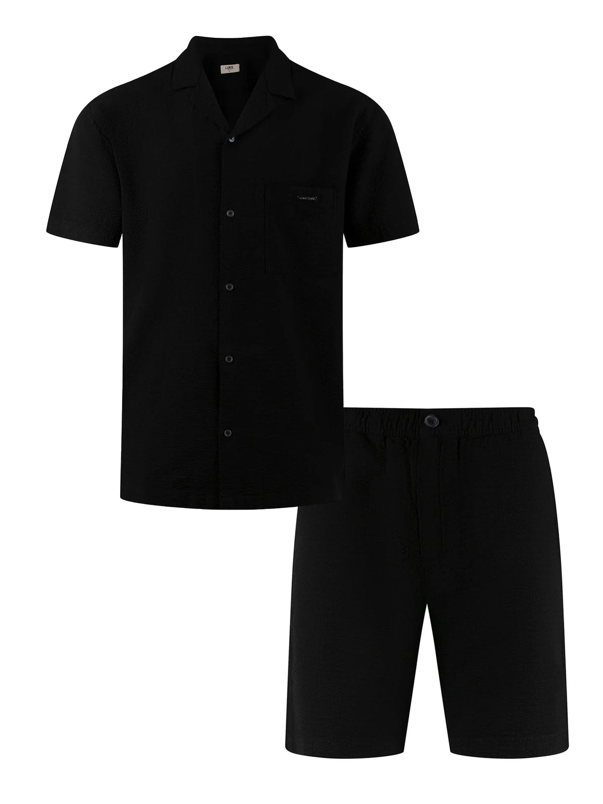 Men's black short set with short-sleeve shirt and matching shorts.