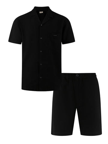 Men's black short set with short-sleeve shirt and matching shorts.