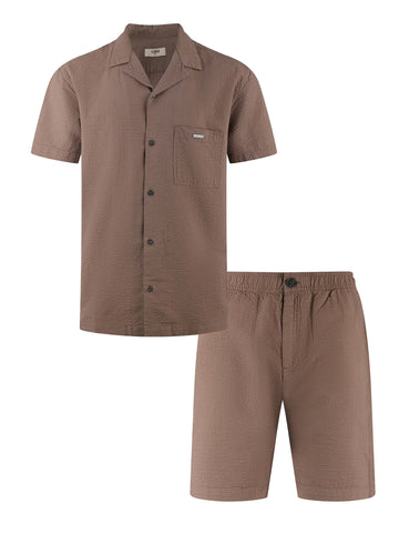 Men's brown short set with short-sleeve shirt and matching shorts.