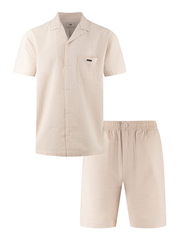 Men's beige short set with short-sleeve shirt and matching shorts.