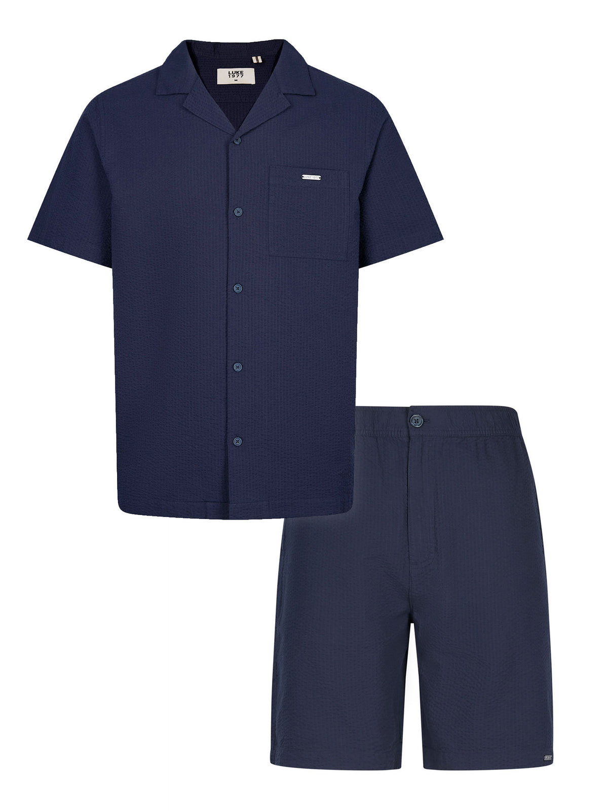 Men's navy short set with short-sleeve button-up shirt and matching shorts, front view