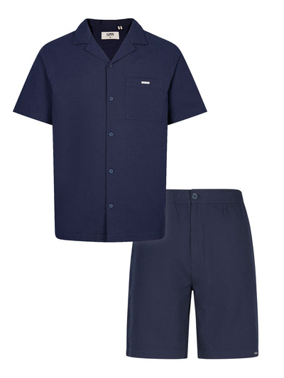 Men's navy short set with short-sleeve button-up shirt and matching shorts, front view