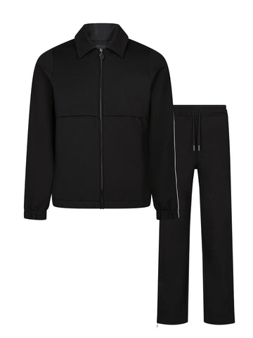 Men's black set with zip collared sweatshirt and matching joggers, front view