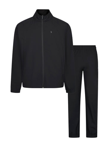 Men's black tracksuit with zip-up sweatshirt and matching joggers, front view