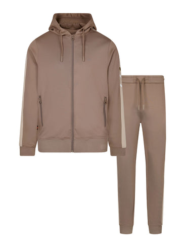 Men's brown tracksuit with zip-up hoodie and matching joggers, front view