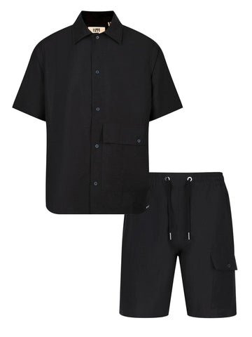 Men's black short set with short-sleeve button-up shirt and drawstring shorts, front view