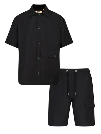 Men's black short set with short-sleeve button-up shirt and drawstring shorts, front view