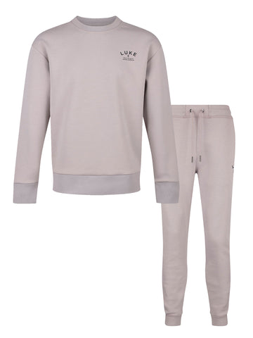 Men's grey tracksuit with crew neck sweatshirt and matching joggers.