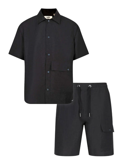 Men's black short set with short-sleeve button-up shirt and drawstring shorts, front view