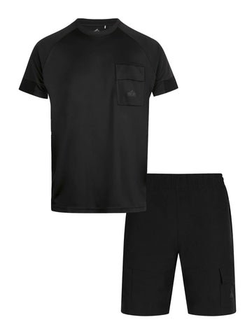 Men's black short set with short-sleeve shirt and matching shorts.