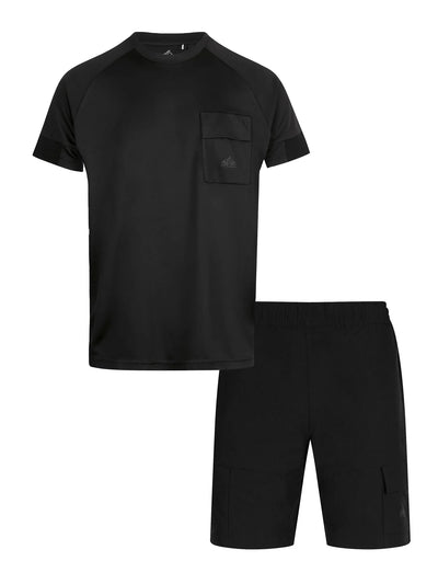 Men's black short set with short-sleeve shirt and matching shorts.