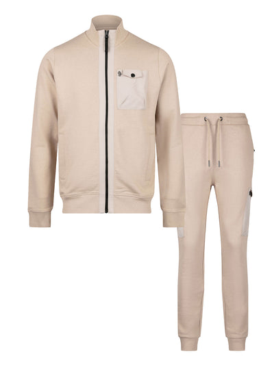 Men's beige tracksuit with zip through sweatshirt and matching joggers.