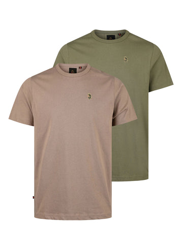 Men's brown and green t-shirt with crew neck and short sleeves - front view if two tees.