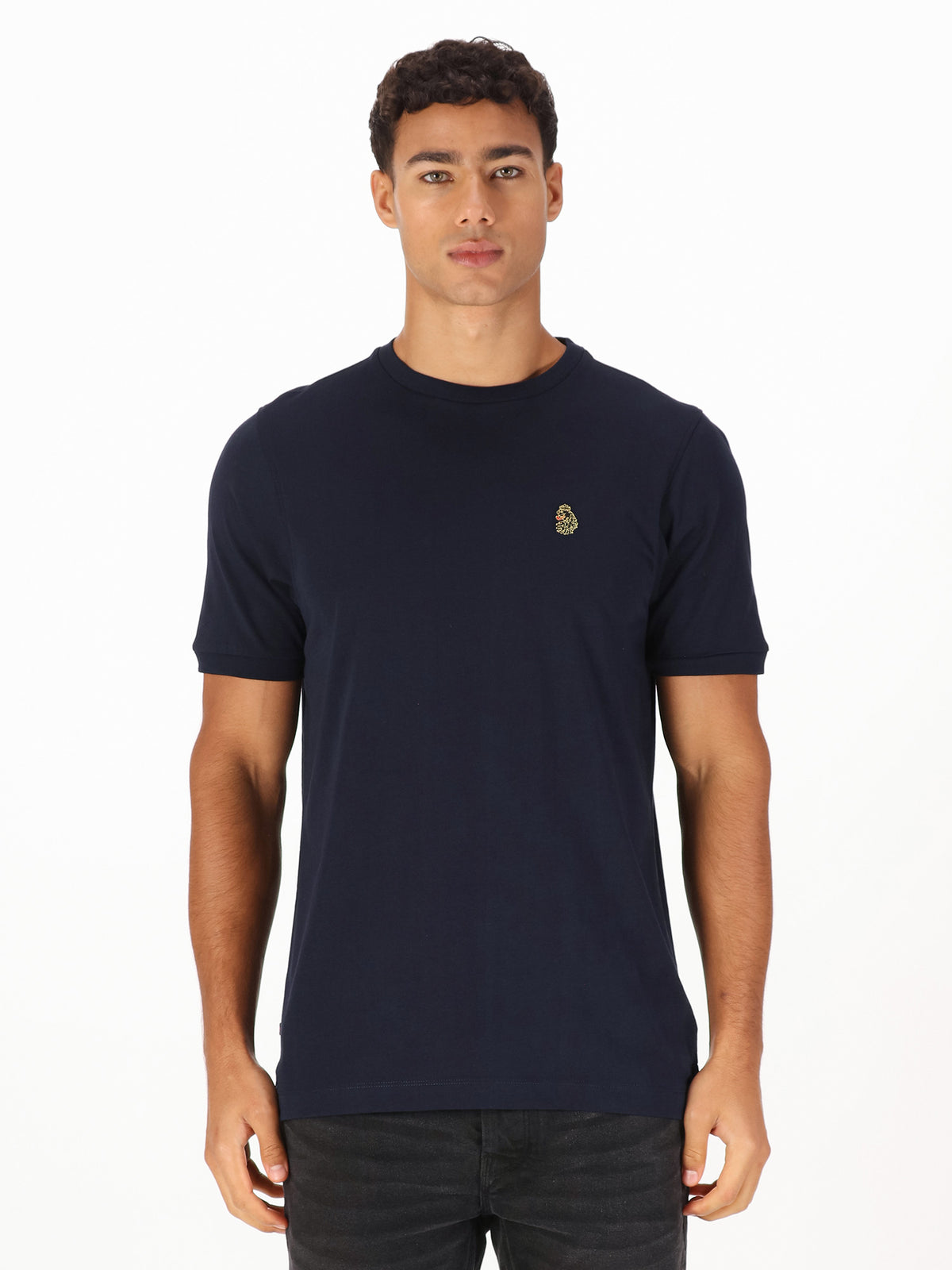 Men's navy t-shirt with crew neck and short sleeves worn by a model - front view.
