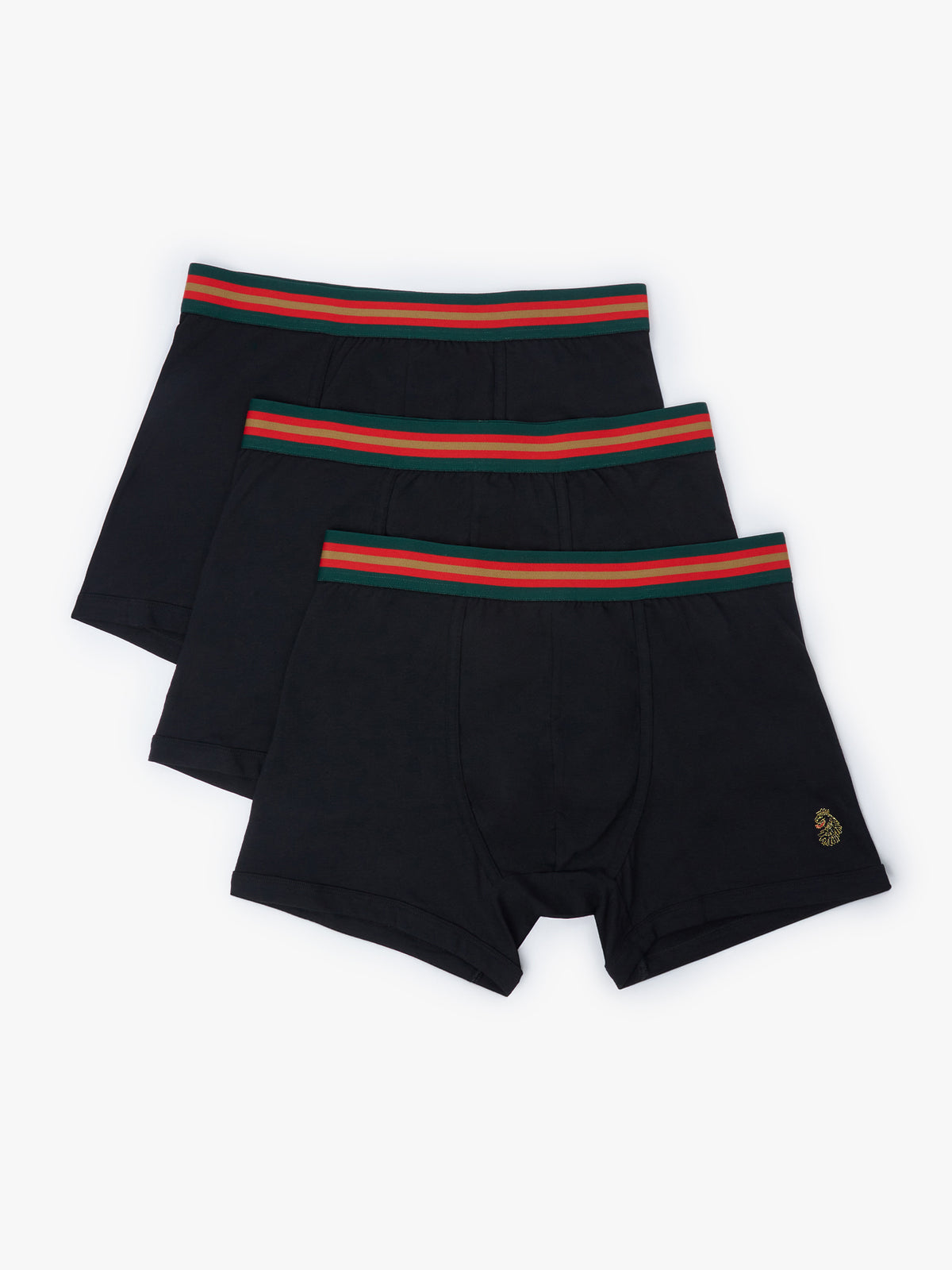 LUKE 1977 Rick Long men's soft cotton trunk boxers 3 pack in black with tri-colour stripe waistband
