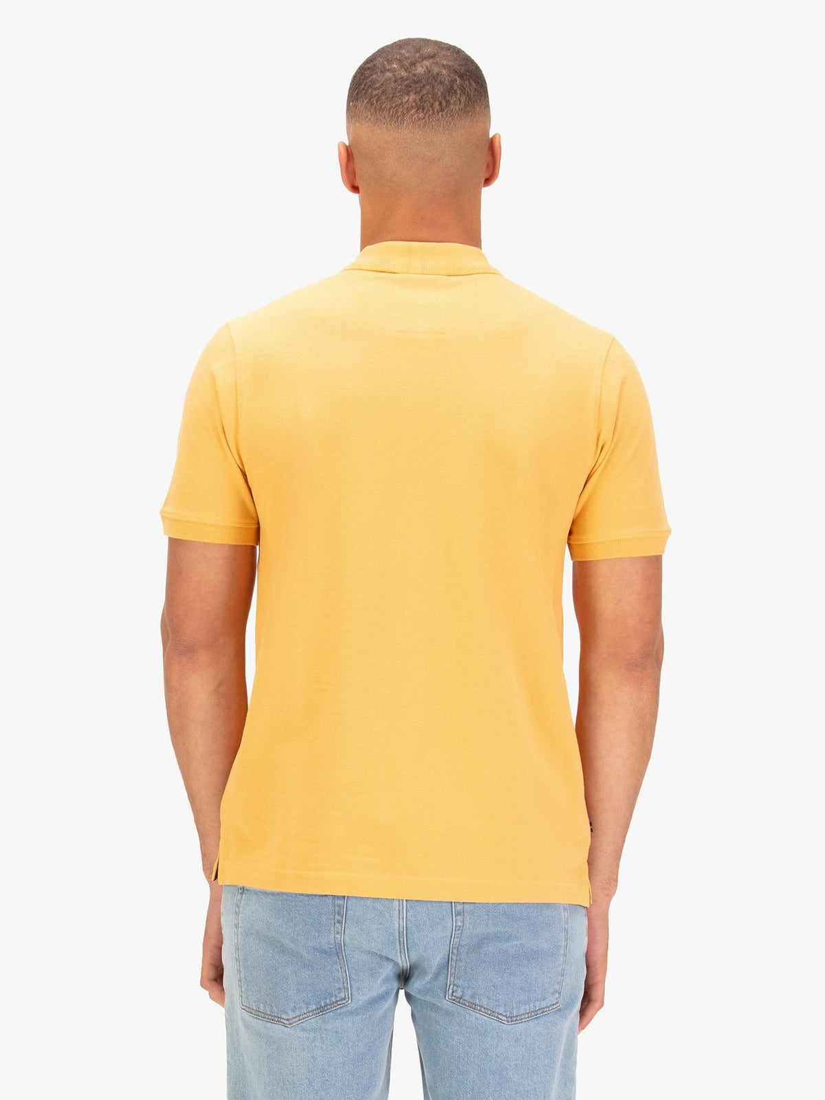 Men's yellow polo shirt with polo collar.