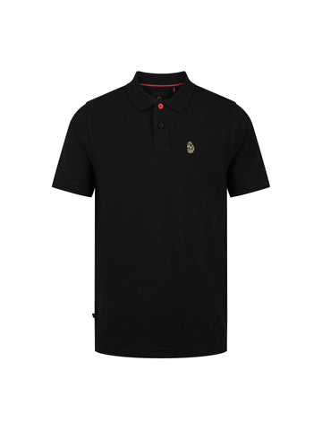 Men's black polo shirt with polo collar, front view