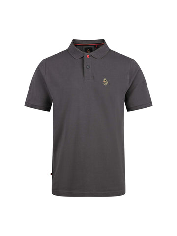 Men's grey polo shirt with polo collar, front view