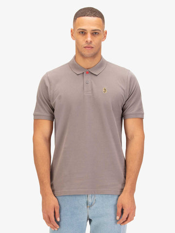 Men's grey polo shirt with polo collar, worn by a model, front view