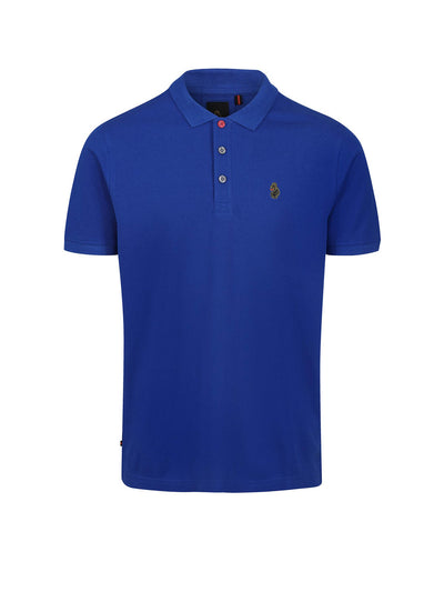 Men's blue polo shirt with polo collar.