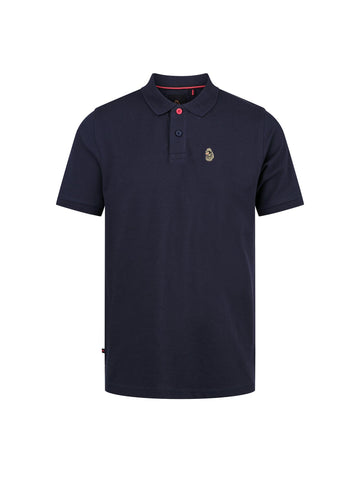 Men's navy polo shirt with polo collar, front view